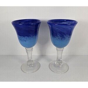 Hand Blown Stemmed Wine Glasses Goblets Cobalt Blue Two Tone Swirl Set of 2